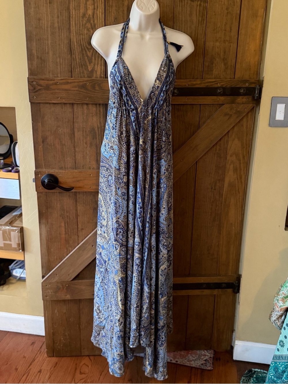 Handmade 100% pure silk  Blue Paisley Halter Maxi Dress